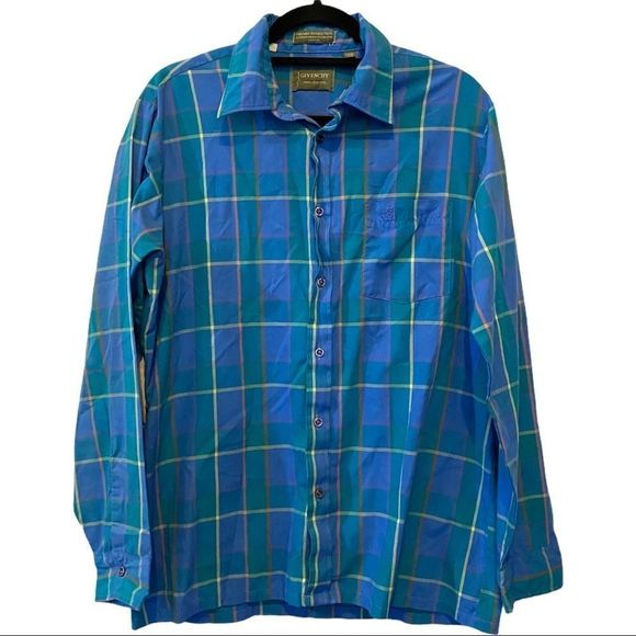 Givenchy pastel blue plaid long sleeve button front polyester/cotton shirt large - Picture 1 of 6